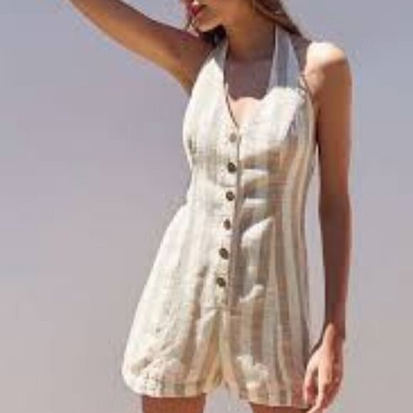 Paradise USA Tan White Striped Linen Halter Neck Romper - Picture 2 of 11